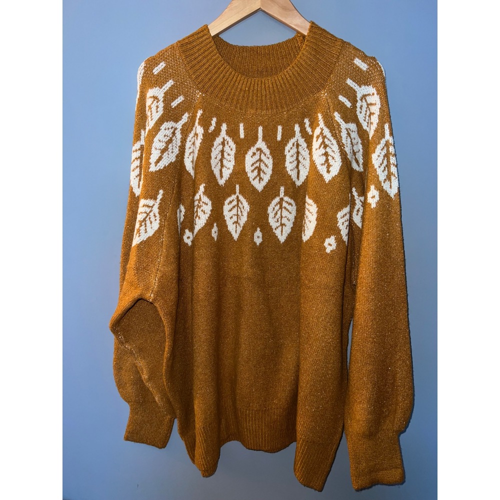 Maurices Womens 3X Mustard Yellow Leaf Intarsia Knit Crew Neck Sweater NWT